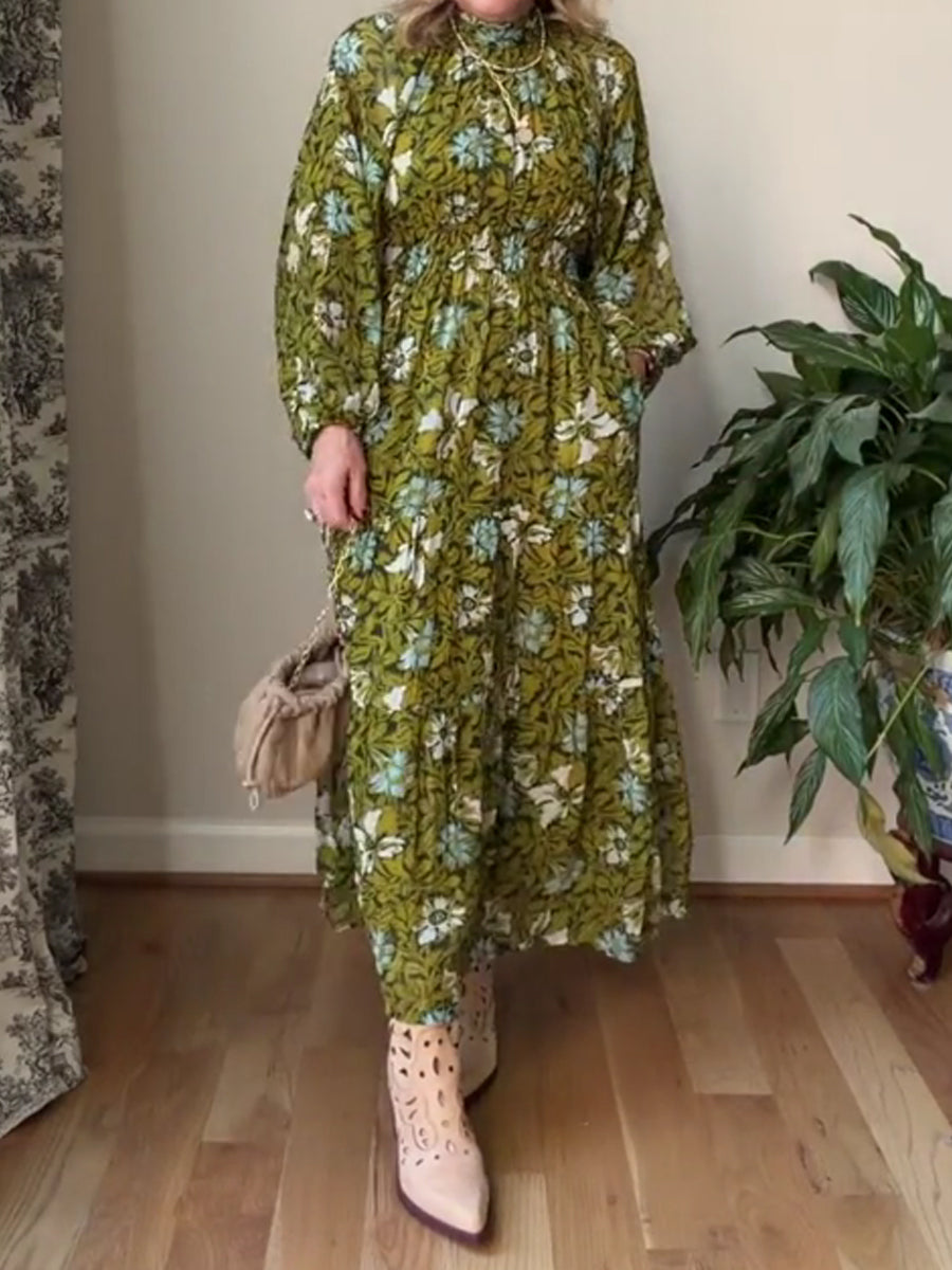 Long-Sleeve Mock-Neck Chiffon Maxi Dress