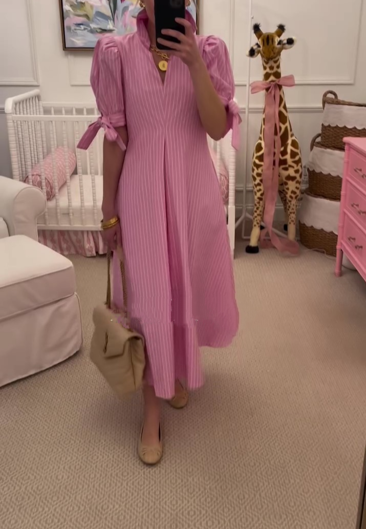 Bow Sleeve Pinstripe Maxi Dress