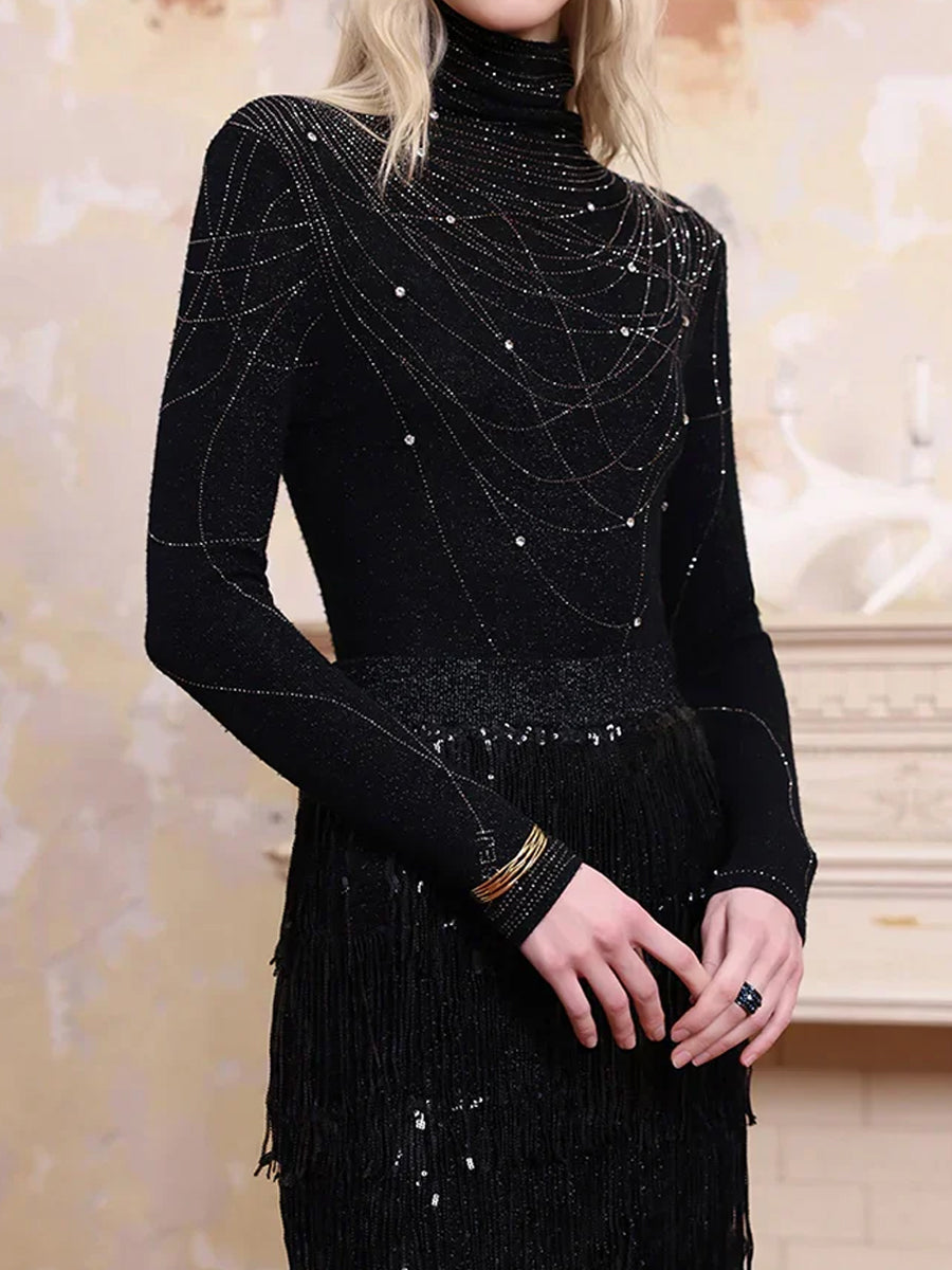 Knit Turtleneck Top & Sequined High Waist Skirt